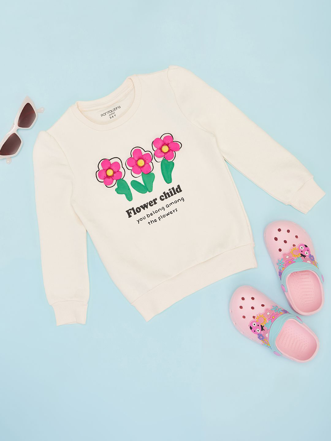 

Pantaloons Junior Girls Graphic Printed Round Neck Cotton Pullover Sweatshirt, Off white