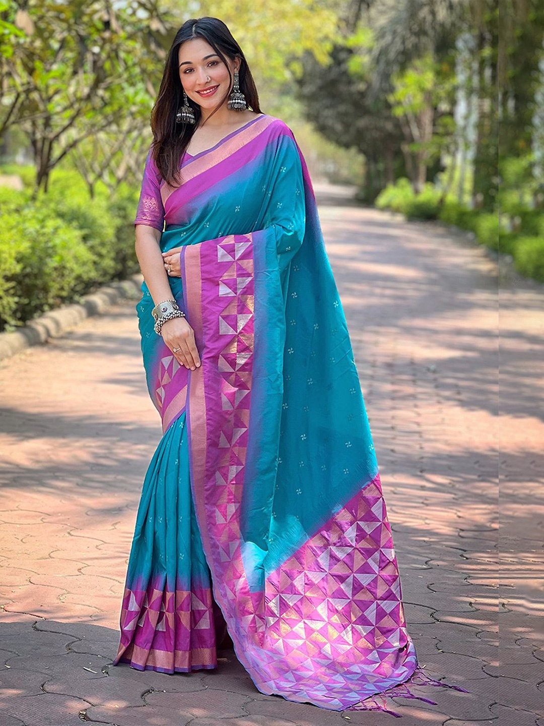 

Mitera Geometric Woven Design Banarasi Saree, Blue