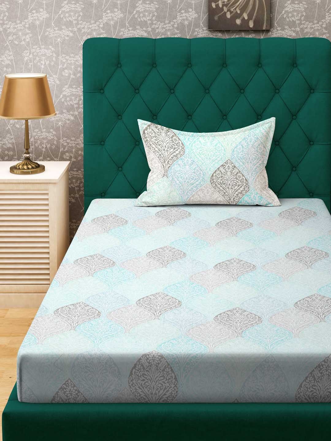 

ROSARA HOME Blue & Grey Floral 144 TC Single Bedsheet with 1 Pillow Covers