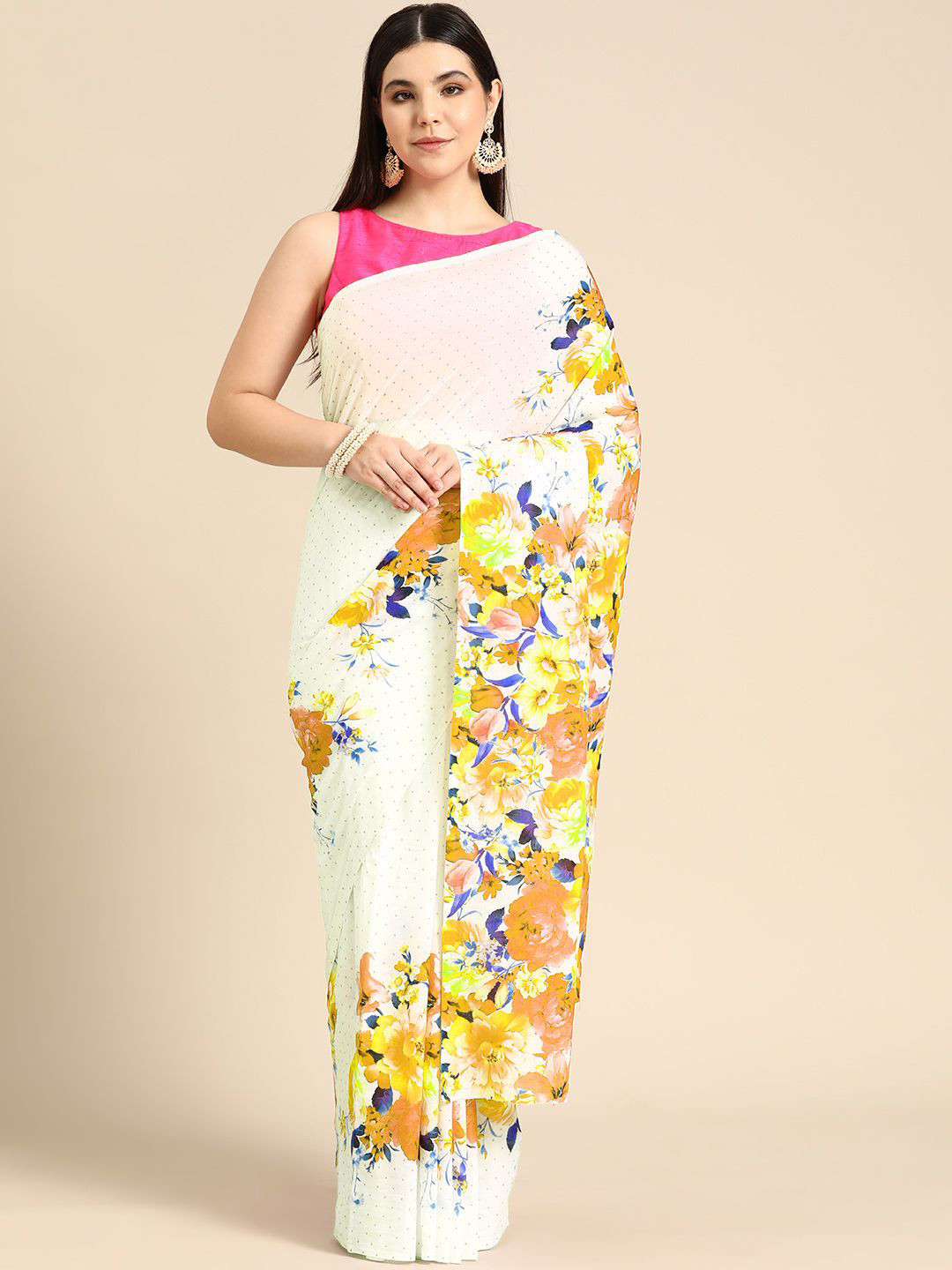 

BUTA BUTI Floral Printed Pure Cotton Saree, White