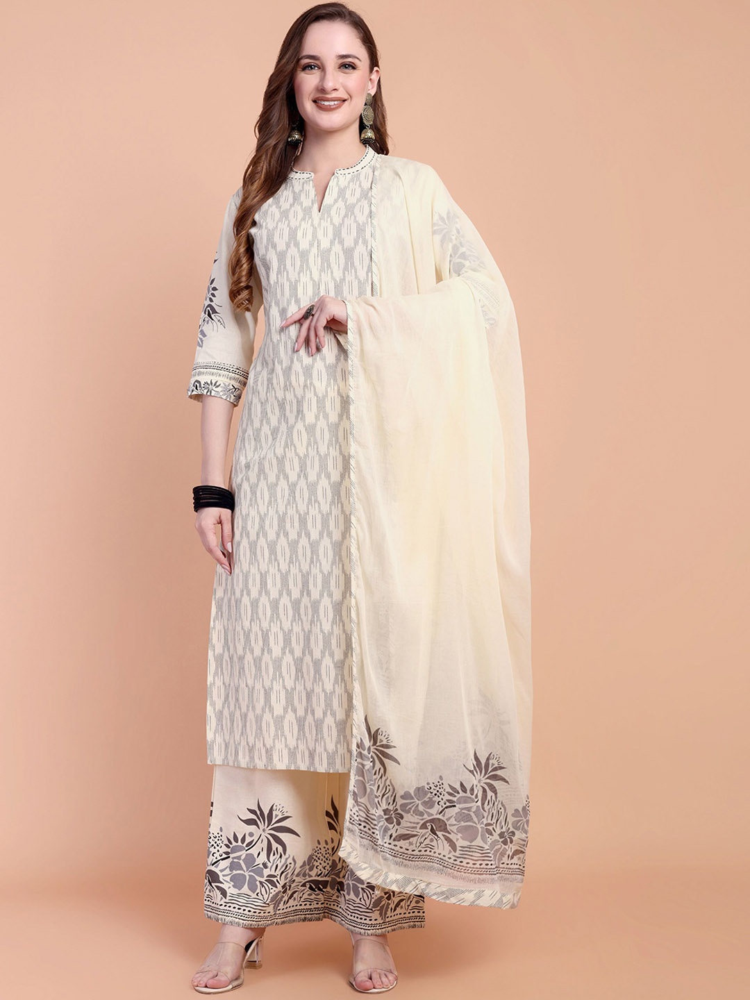 

Atha Fashion Floral Printed Pure Cotton Straight Kurta With Palazzos & Dupatta, Off white