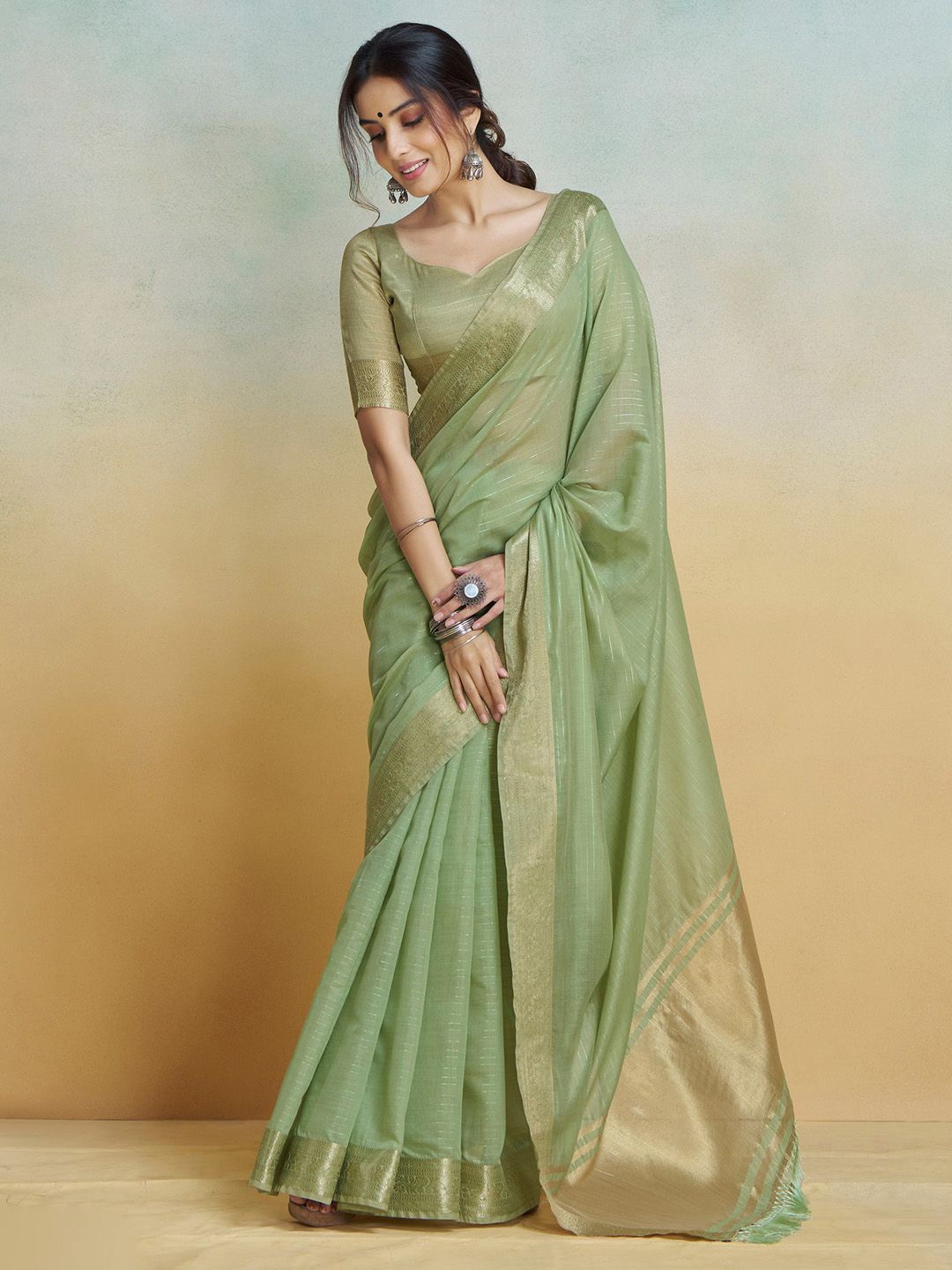 

Anouk Light Green Cotton Silk Woven Design Festive Wear Saree with Matching Blouse