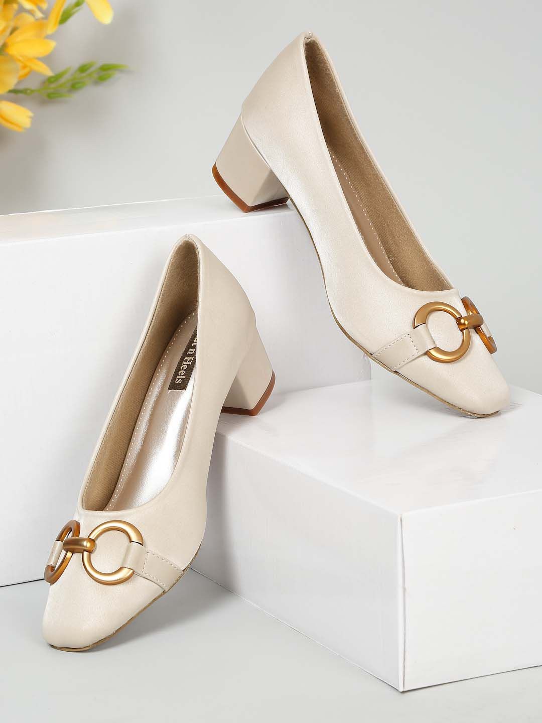 

Flat n Heels Women Solid Block Heel Pumps, Beige