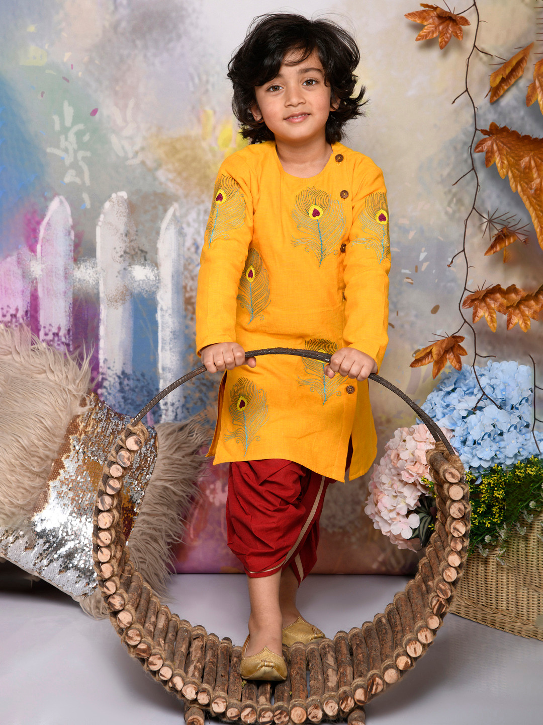 

MUDKID Boys Ethnic Motifs Embroidered Regular Pure Cotton Kurta with Dhoti Pants, Yellow