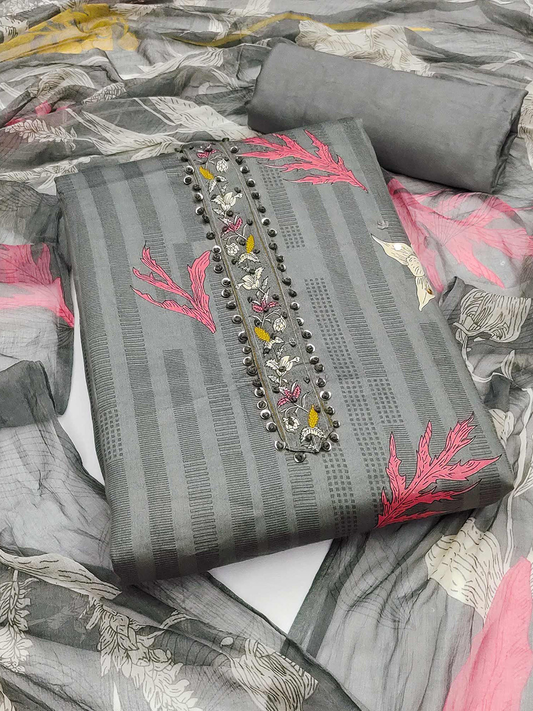 

Peachmode Floral Printed Pure Cotton Unstitched Dress Material, Grey