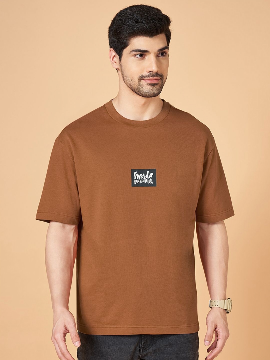 

People Men Graphic Printed Round Neck Cotton Boxy T-shirt, Tan