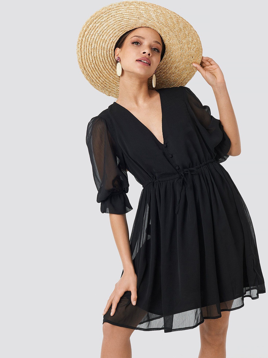 

DressBerry Women's Black Solid Georgette Mini Dress