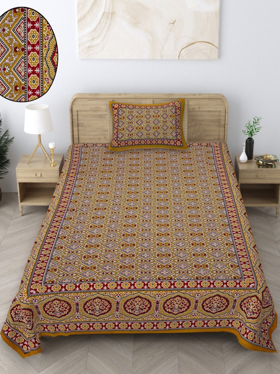 

Texstylers Gold-Toned & Maroon Floral 140 TC Cotton Single Bedsheet With 1 Pillow Covers