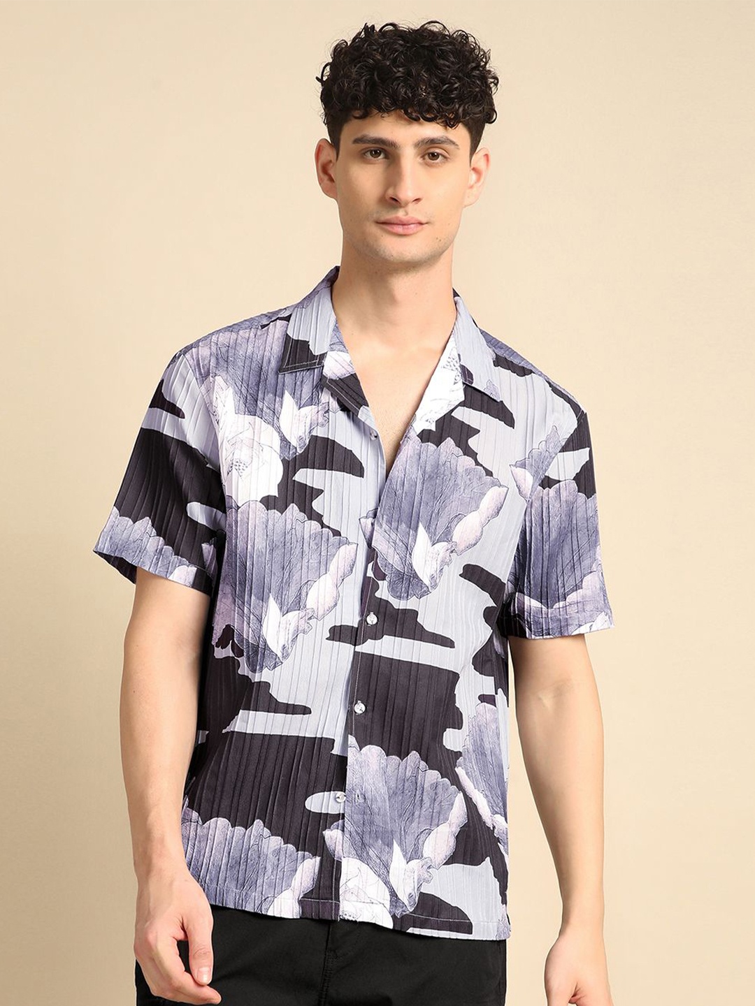 

Voroxy Men Smart Cuban Collar Floral Printed Polycotton Casual Shirt, Purple