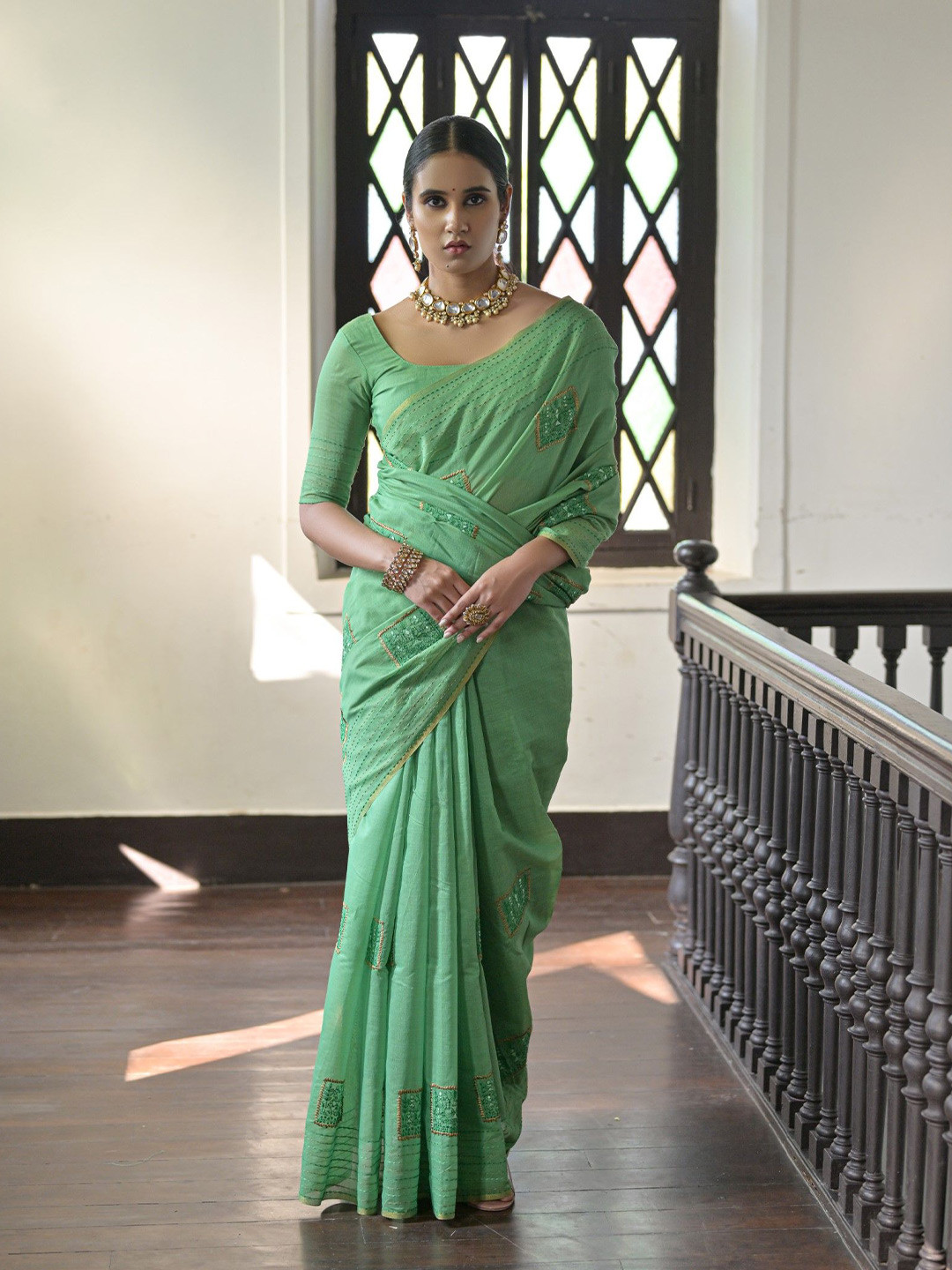 

Kandora Ethnic Motifs Woven Design Pure Silk Saree, Green