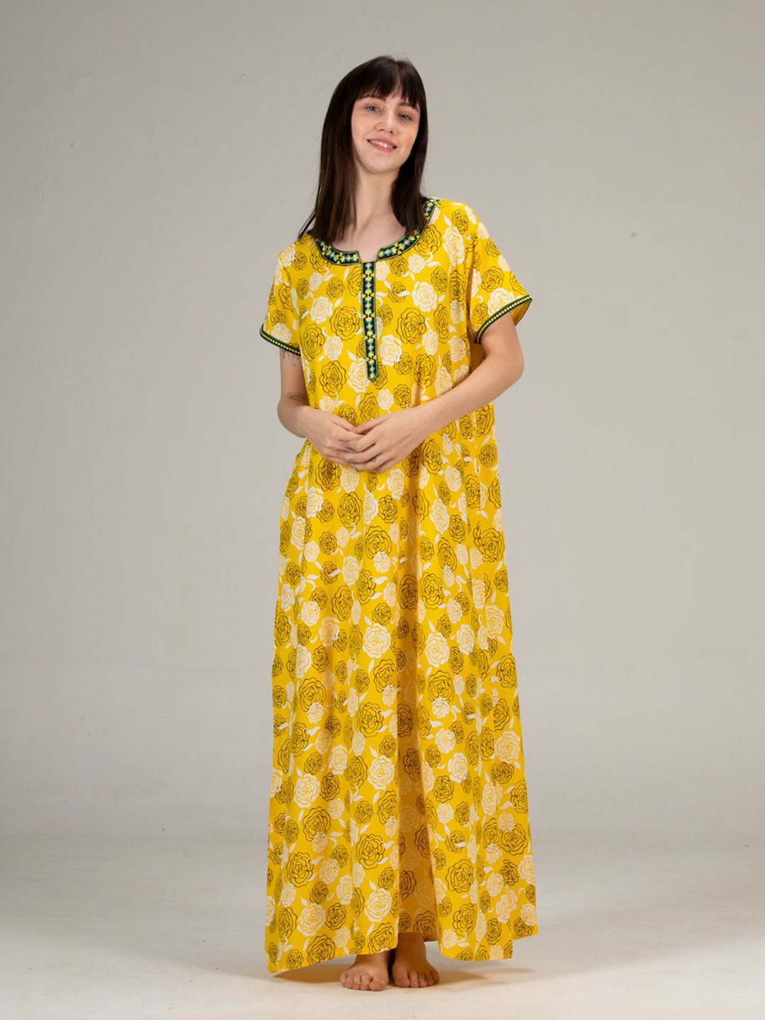 

evolove Women Floral Printed Maxi Nightdress, Yellow