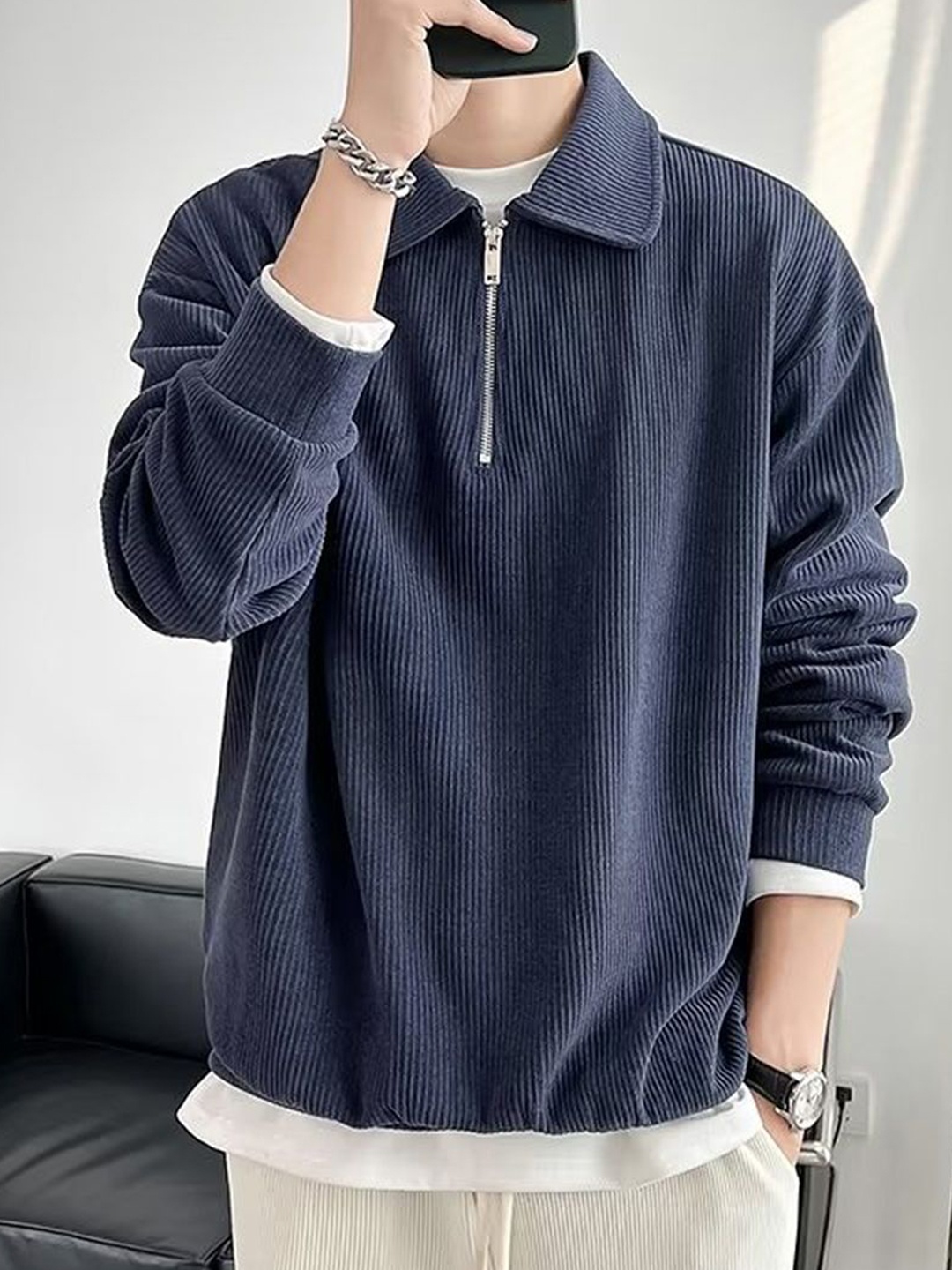 

StyleCast x Revolte Men Solid Shirt Collar Pullover Sweatshirt, Blue