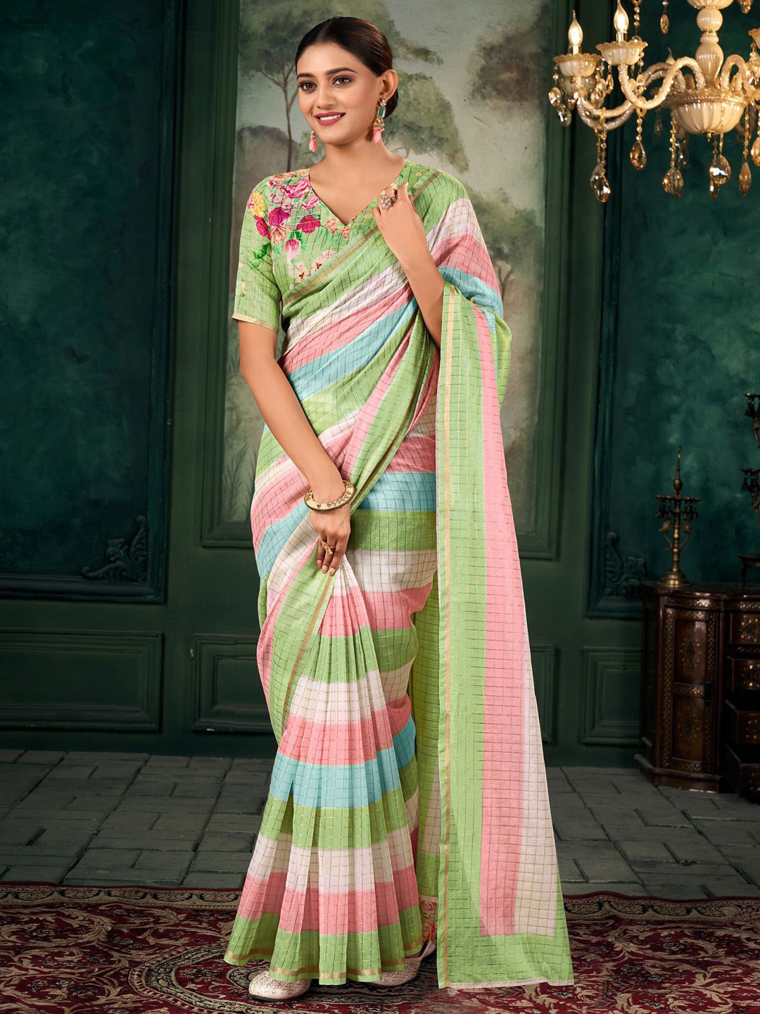 

Anouk Checked Zari Saree, Turquoise blue