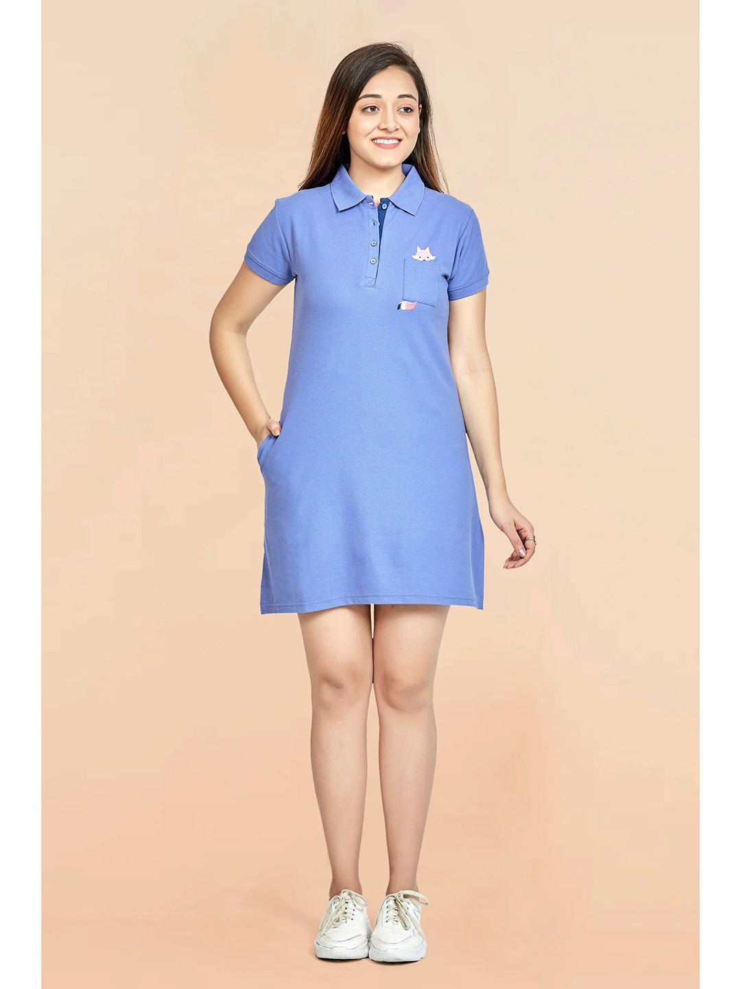 

Avanday Women Solid Cotton T-shirt Above Knee Dress, Blue
