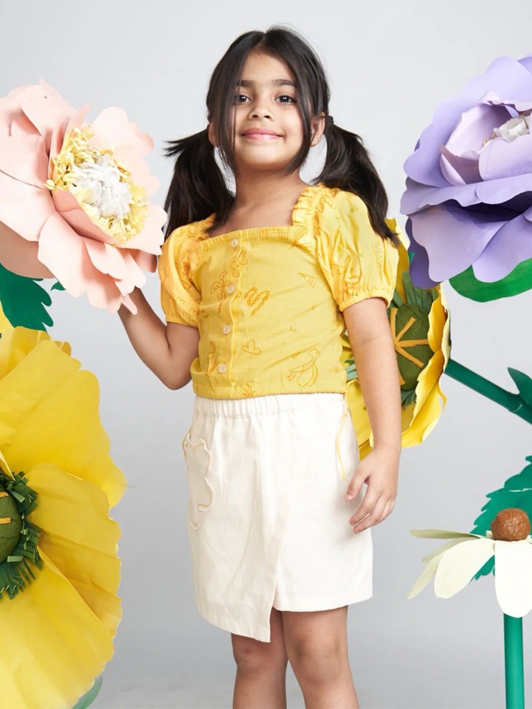 

Miko Lolo Girls Printed Organic Cotton Crop Top With Denim Skirt, Yellow