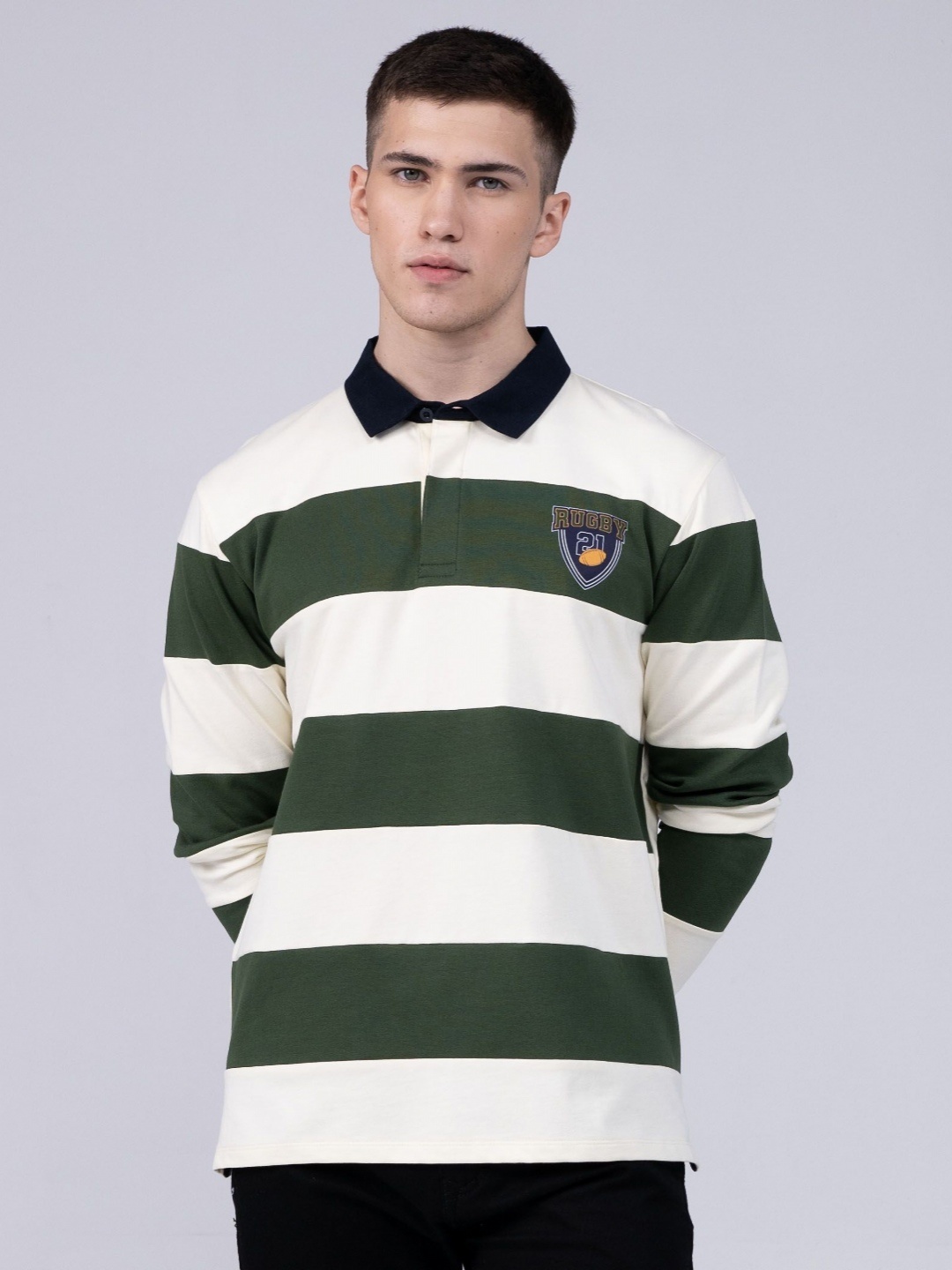 

EDRIO Men Striped Polo Collar Cotton T-shirt, Off white