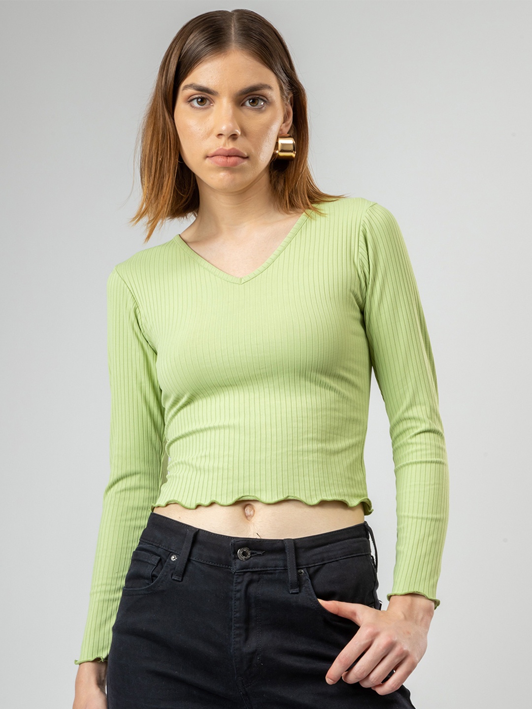 

Redamancii Women Solid V-Neck Polycotton Top, Green