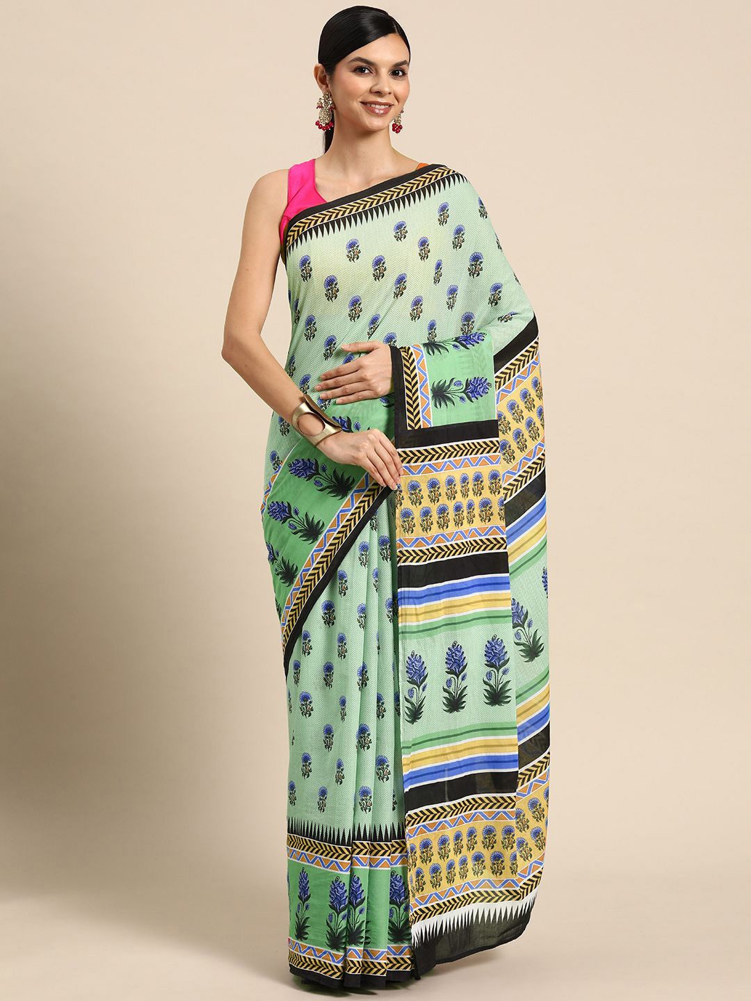 

BUTA BUTI Ethnic Motifs Printed Pure Cotton Saree, Green