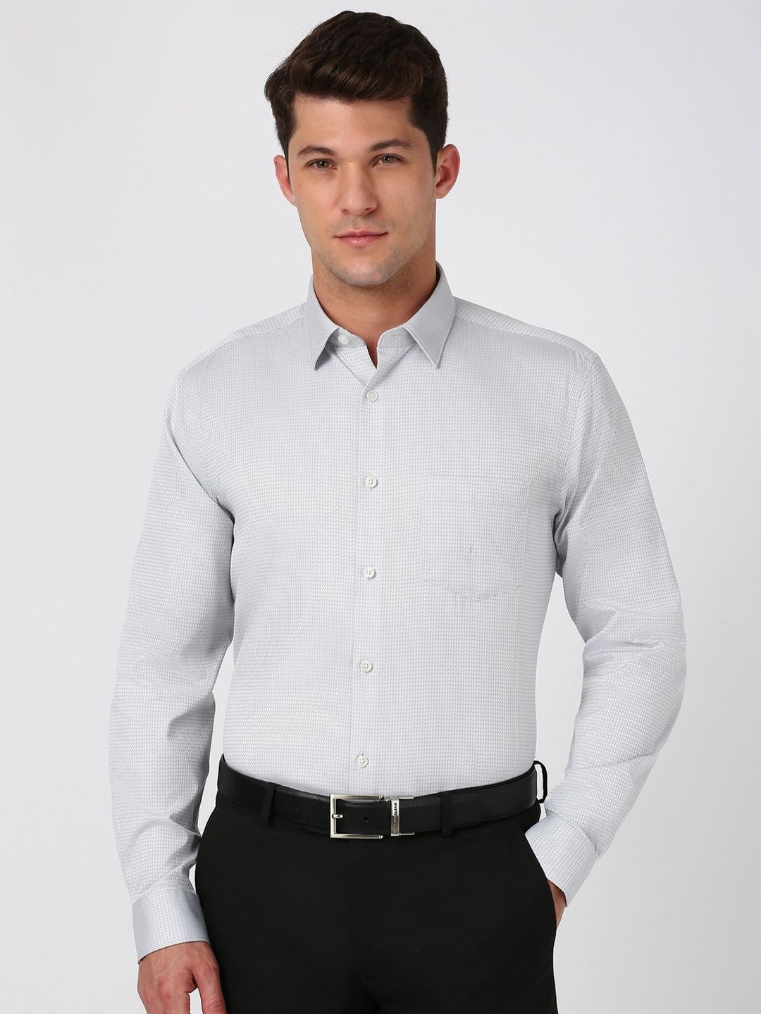 

Peter England Elite Men Spread Collar Micro Ditsy Printed Cotton Formal Shirt, Grey