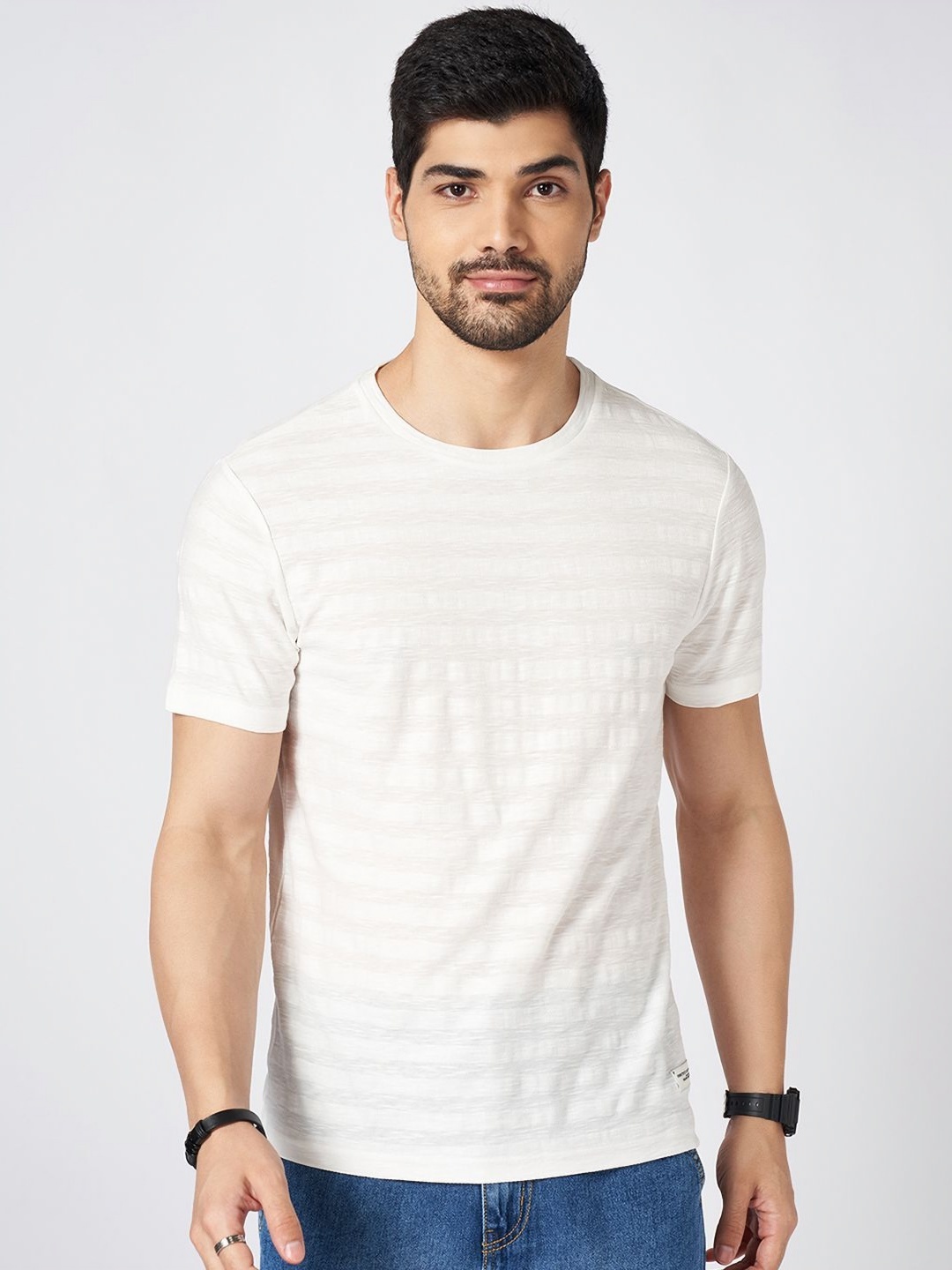 

People Men Striped Round Neck Cotton Slim Fit T-shirt, White