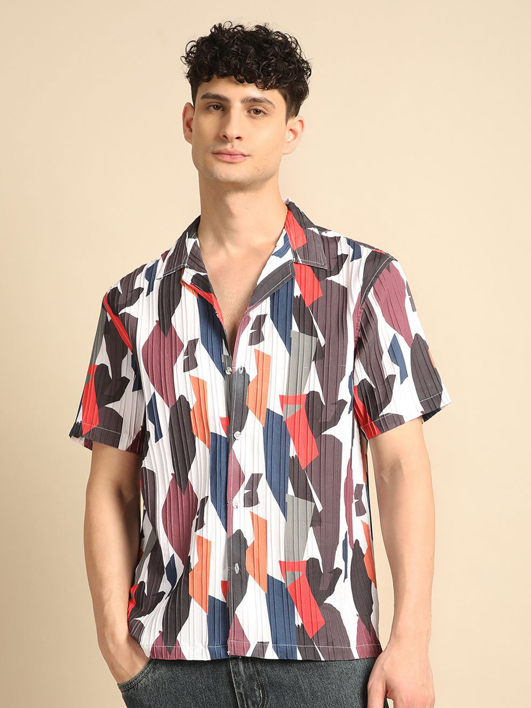 

Voroxy Men Smart Cuban Collar Abstract Printed Polycotton Casual Shirt, White