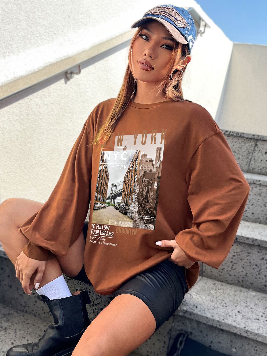 

CHKOKKO Women Graphic Printed Round Neck Oversized T-shirt, Gold