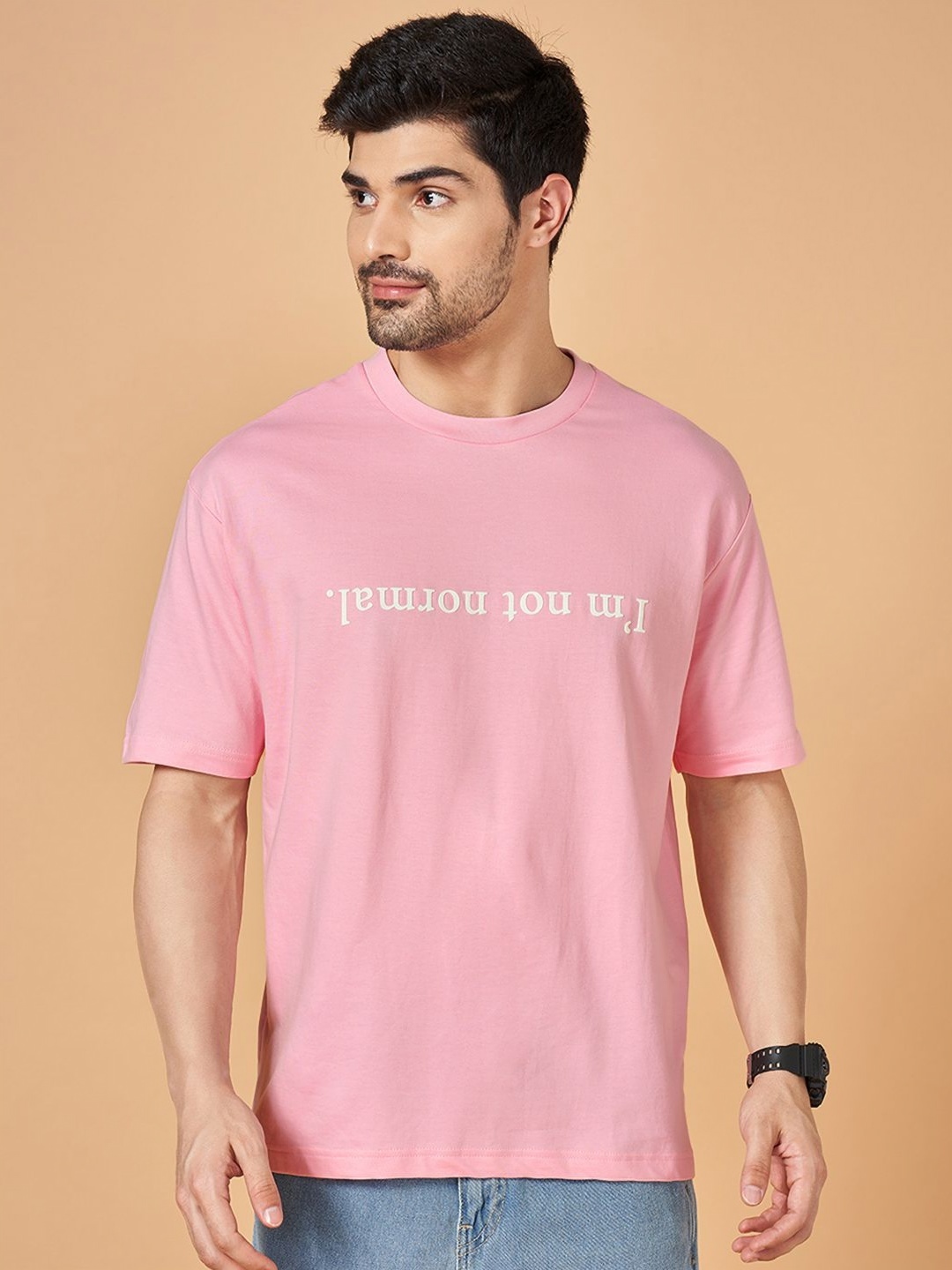 

People Men Typography Printed Round Neck Cotton Boxy T-shirt, Pink