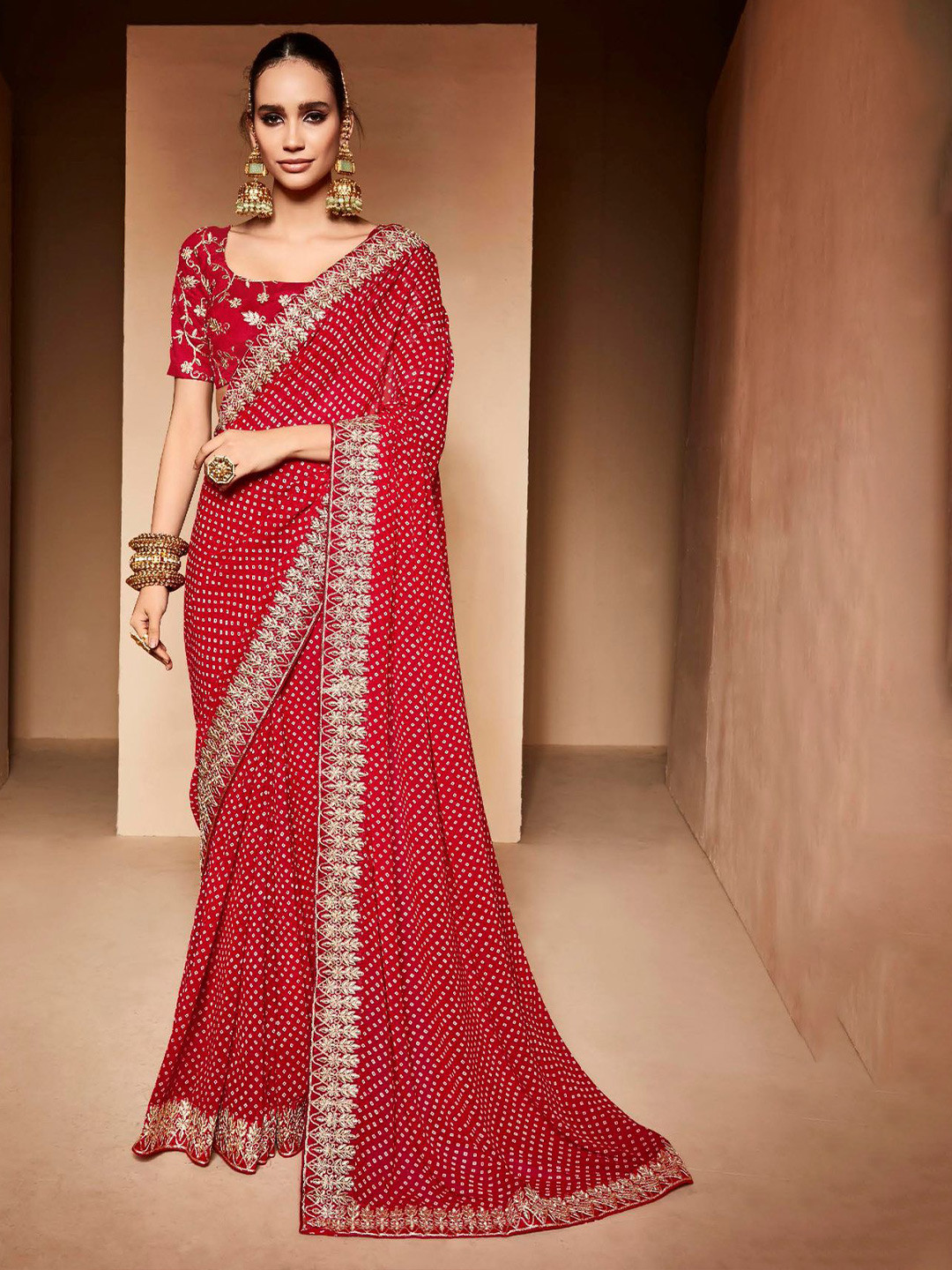 

CHUDIYA Bandhani Printed Embroidered Pure Georgette Saree, Red