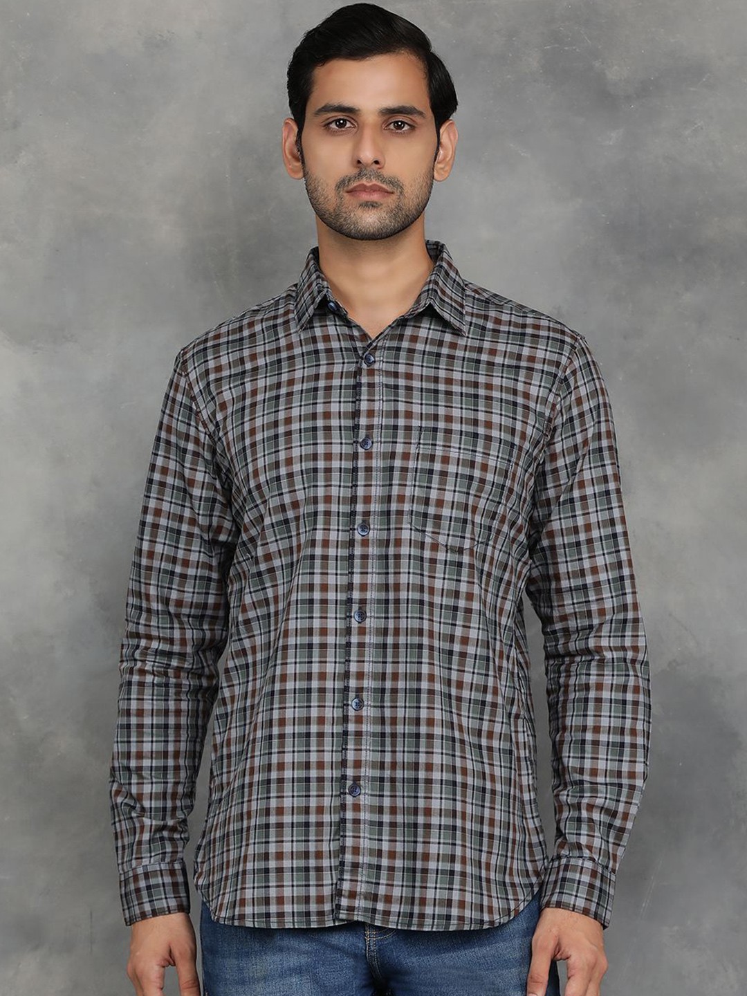 

JADE BLUE Men Spread Collar Micro Checked Cotton Slim Fit Casual Shirt, Green