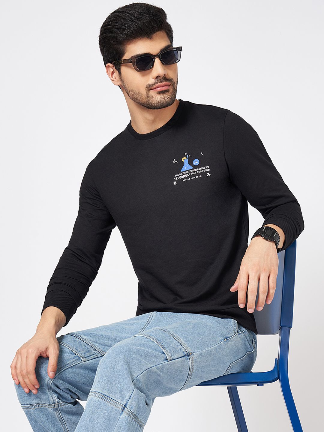 

People Men Typography Printed Round Neck Cotton Pullover Sweatshirt, Black