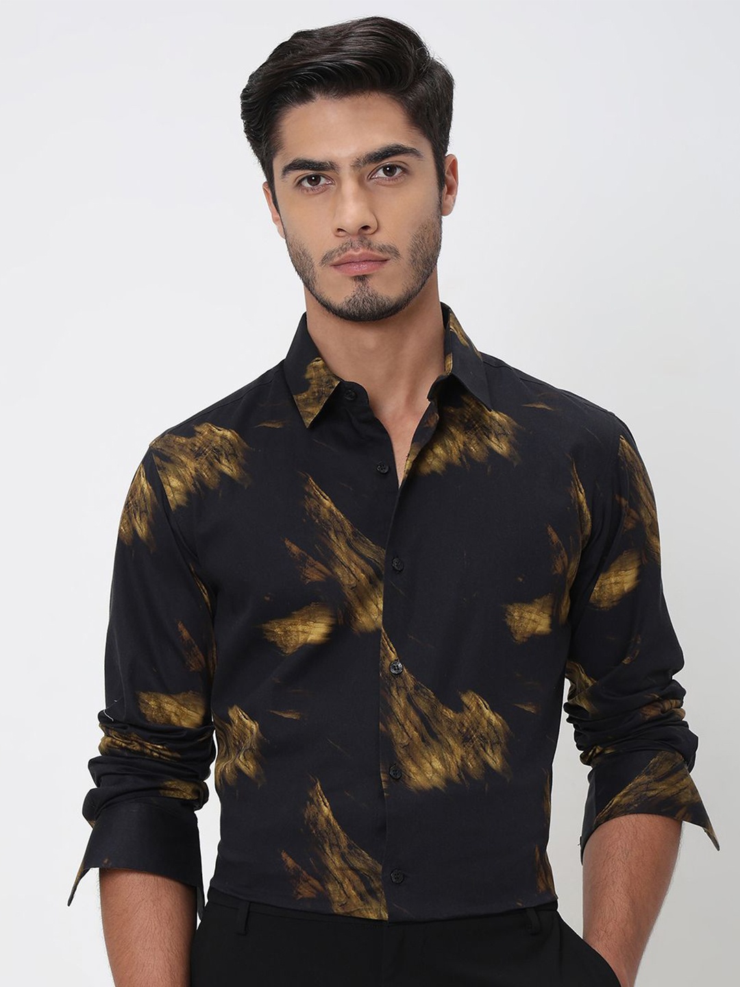 

Mufti Men Spread Collar Abstract Printed Cotton Slim Fit Casual Shirt, Black