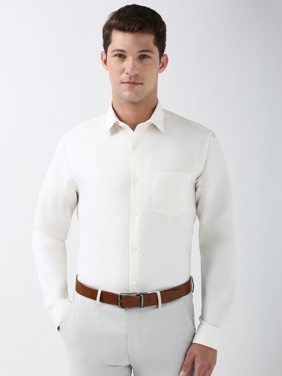 

Peter England Elite Men Spread Collar Solid Cotton Formal Shirt, Cream