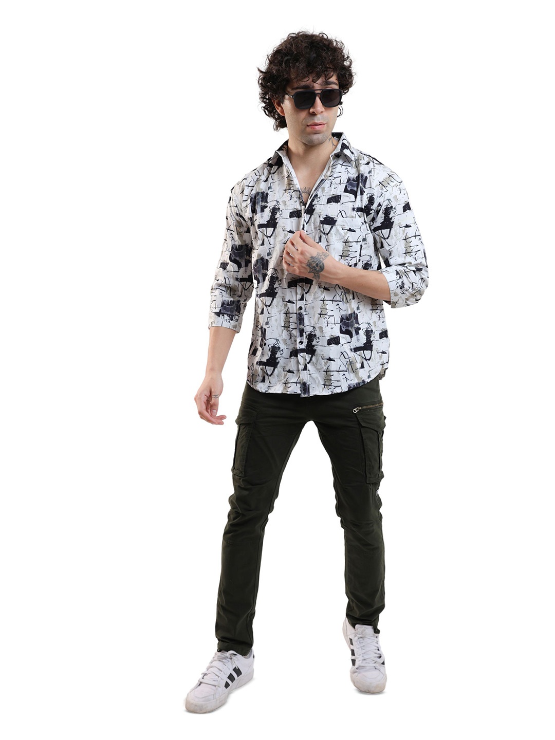 

BOTABOCHI Men Classic Spread Collar Abstract Printed Cotton Party Shirt, White