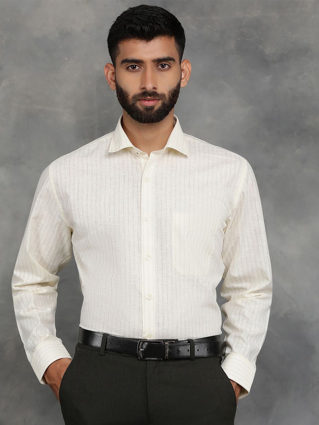 

Greenfibre Men Spread Collar Vertical Striped Casual Shirt, Cream