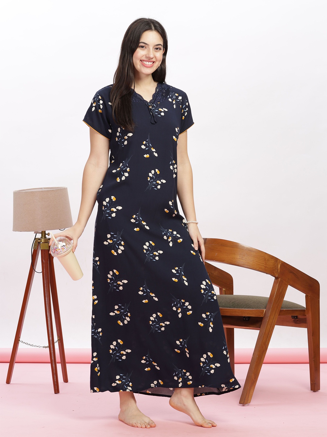 

9shines Label Floral Printed Maxi Nightdress, Navy blue