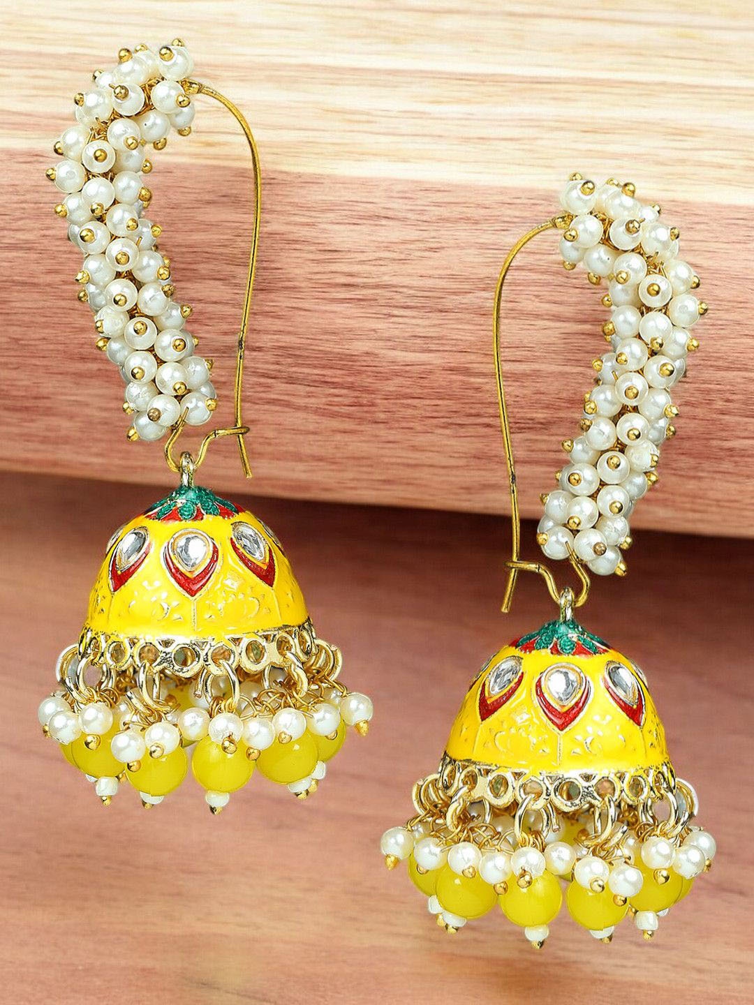 

OOMPH Kundan & Pearls Dome Shaped Meenakari Jhumkas, Gold