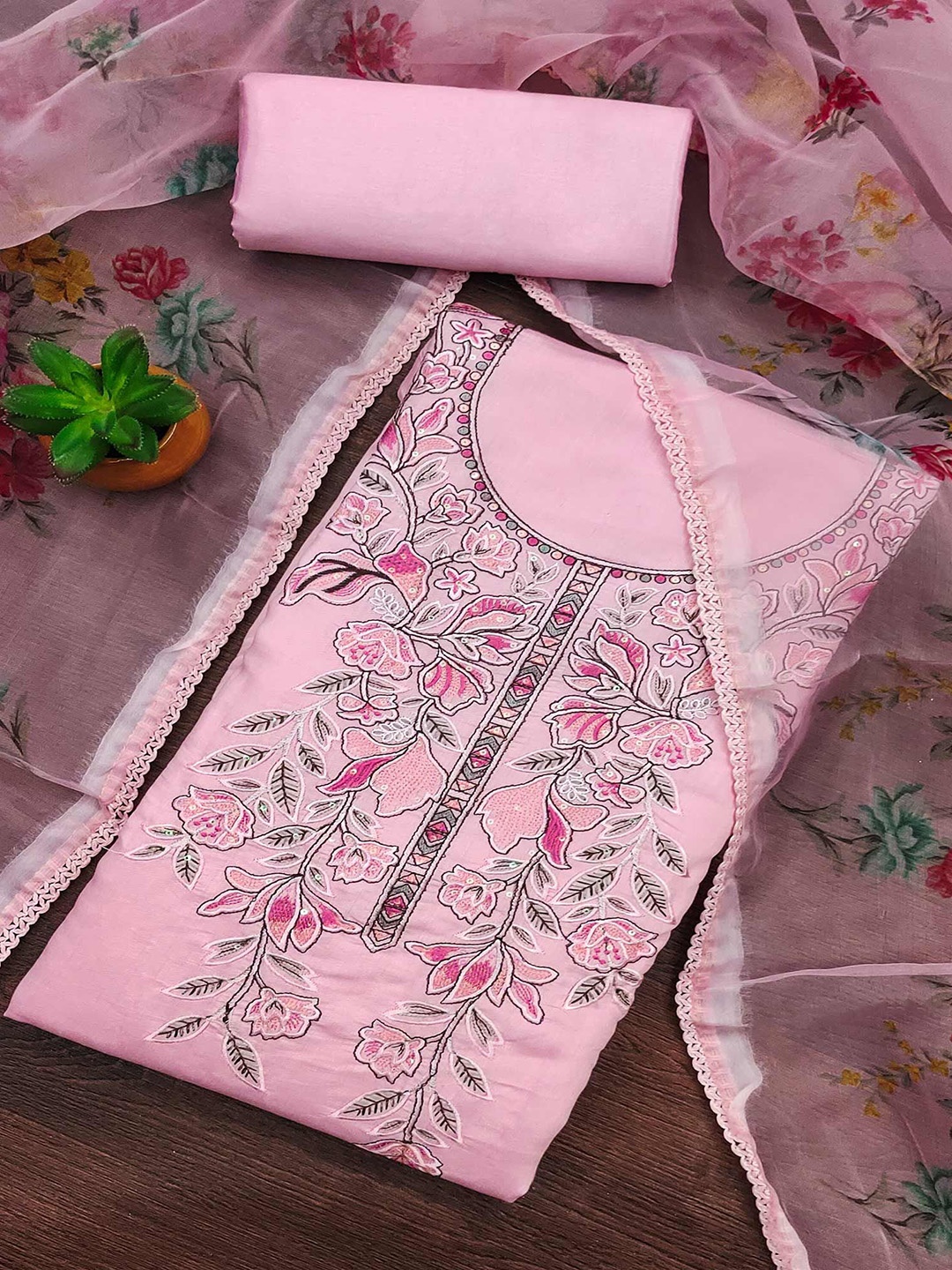 

Peachmode Floral Embroidered Sequinned Unstitched Dress Material, Pink