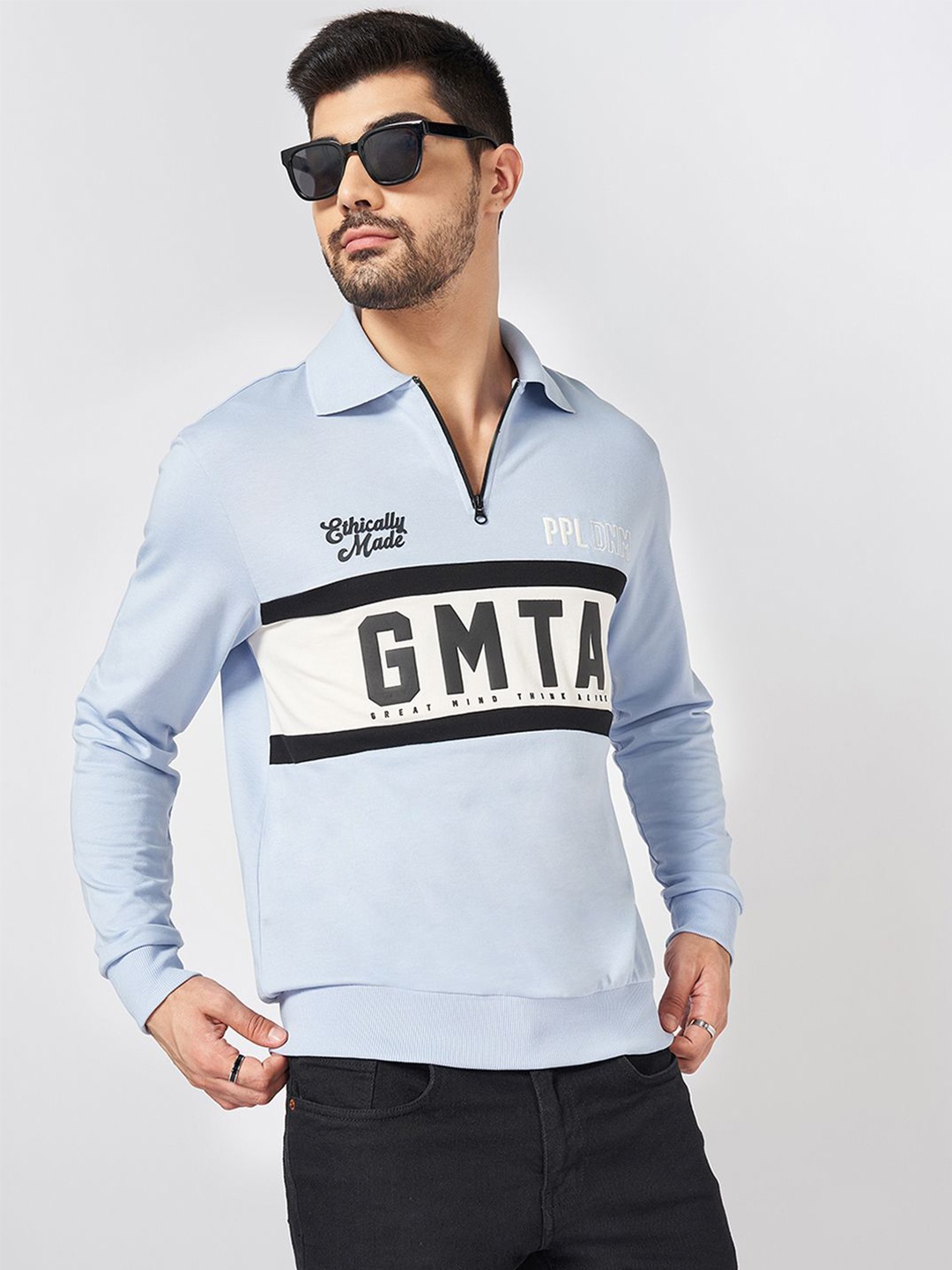 

People Men Typography Printed Shirt Collar Cotton Pullover Sweatshirt, Purple
