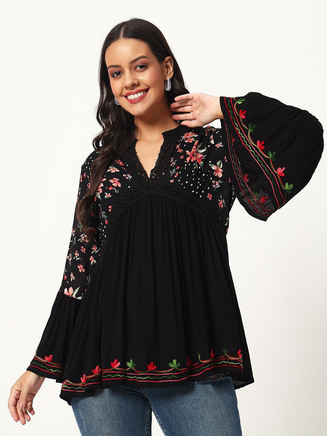 

VELDRESS Women Floral Printed Mandarin Collar Top, Black
