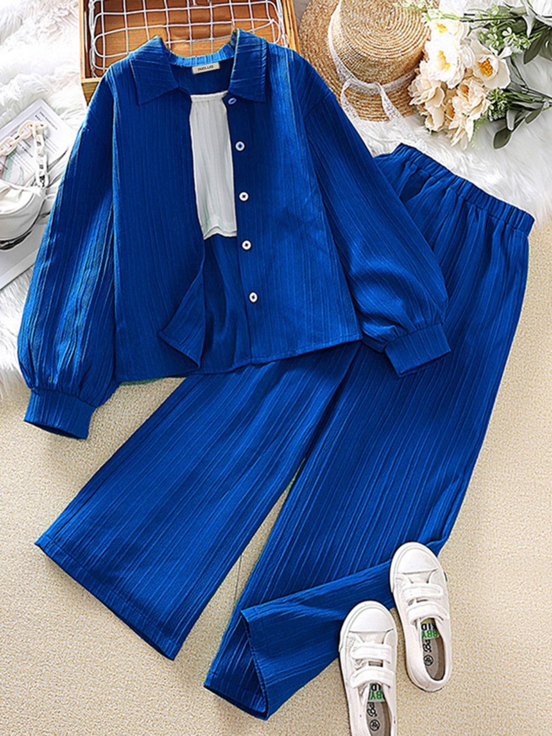 

INCLUD Girls Shirt Collar Neck Long Sleeves Cotton Blend Shirt With Palazzo, Blue