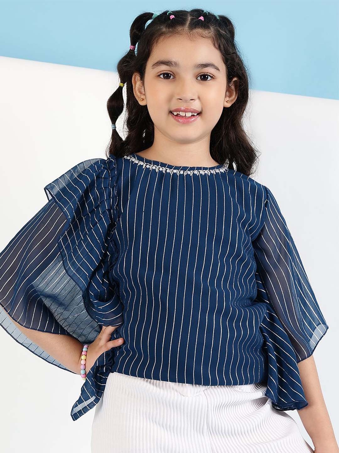 

BAESD Girls Vertical Striped Round Neck Top, Blue