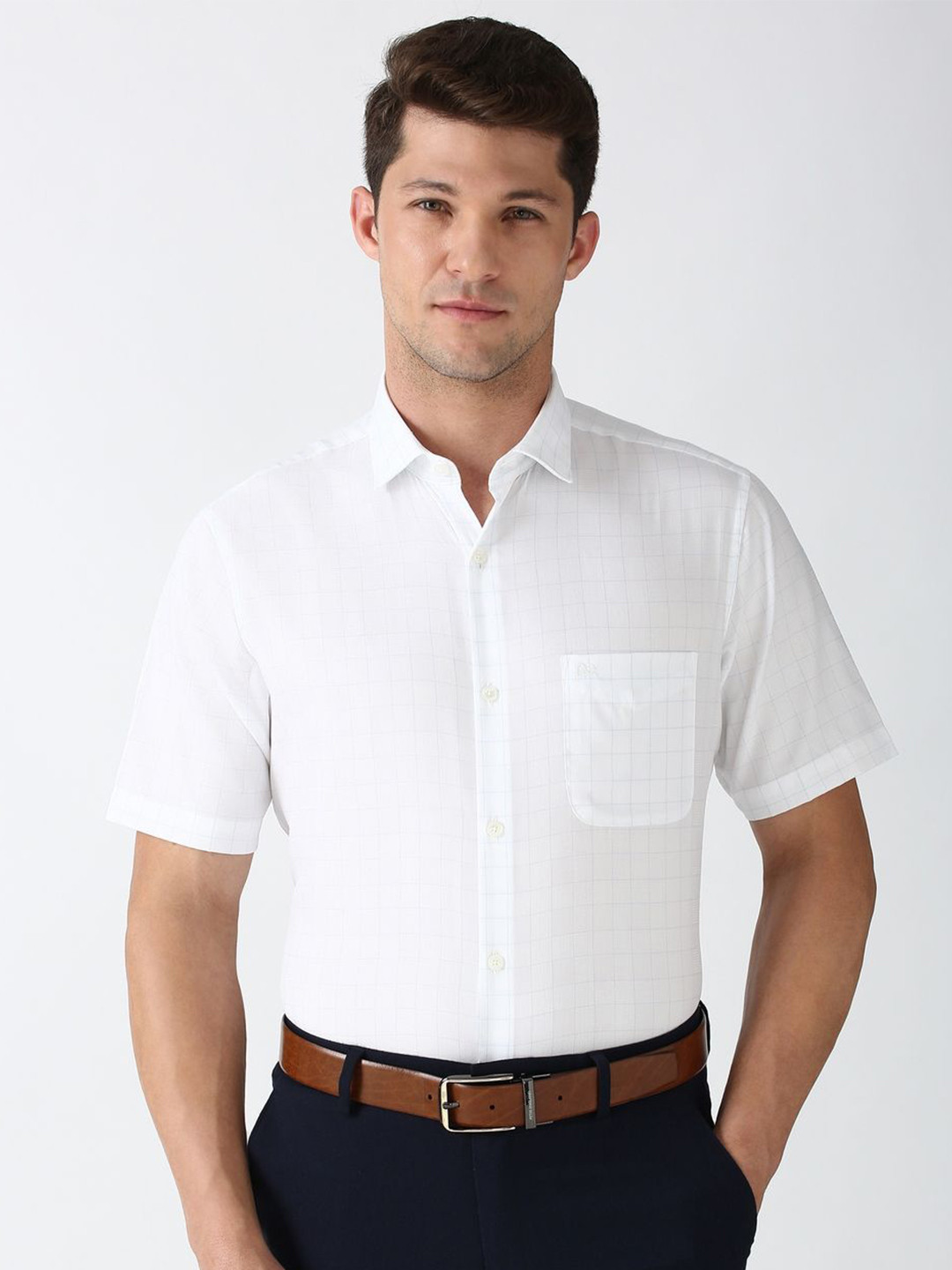

Peter England Elite Men Spread Collar Gingham Checked Cotton Formal Shirt, White