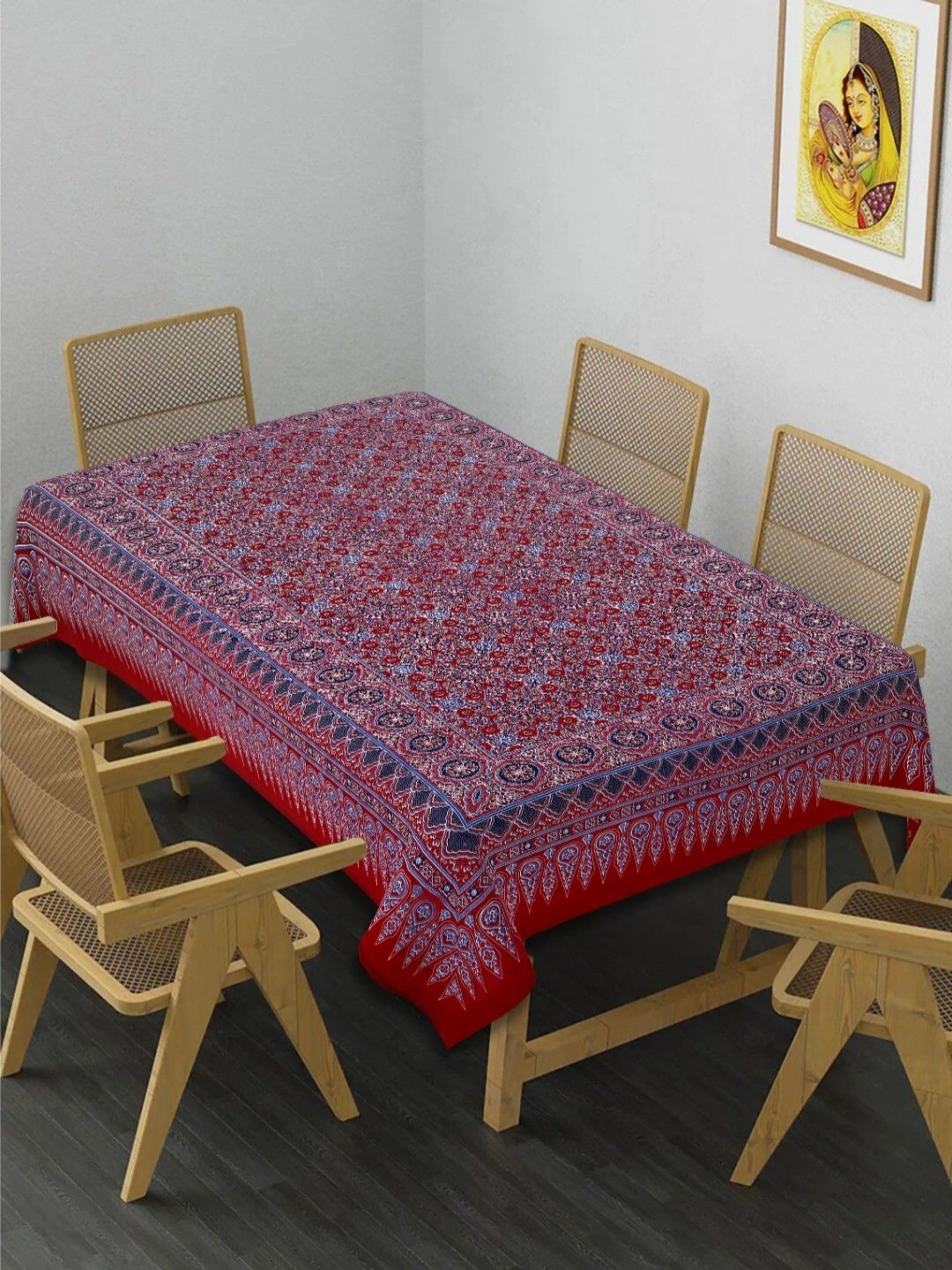 

INDHOME LIFE Red & Blue Ethnic Motifs Printed Cotton 6-Seater Table Cover