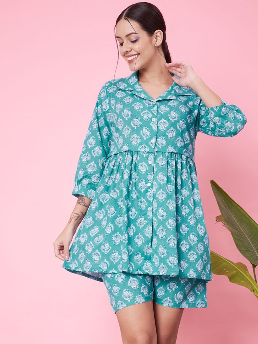 

ETC Women Printed Night suit, Turquoise blue