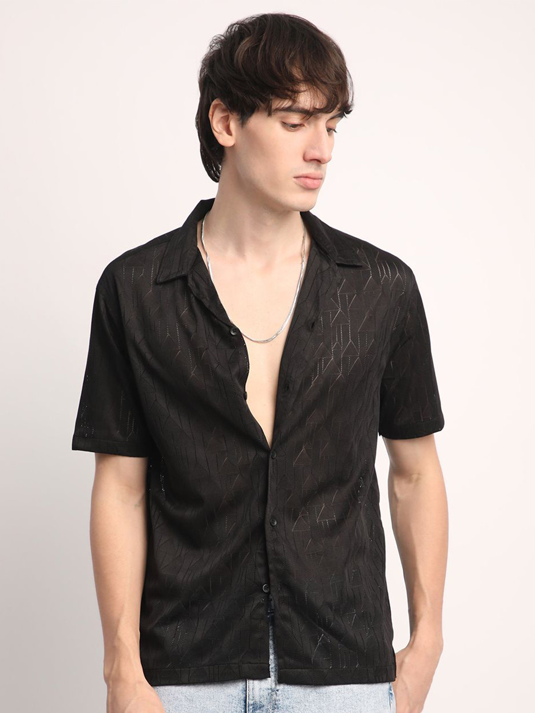 

Voroxy Men Smart Cuban Collar Textured Polycotton Casual Shirt, Black
