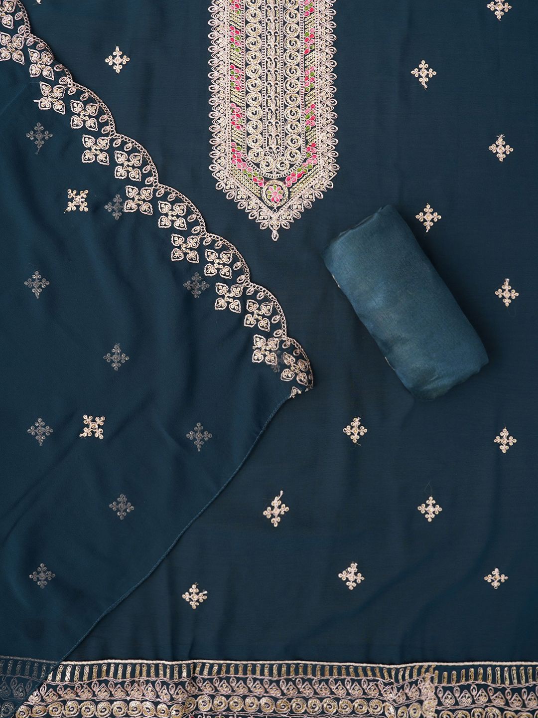 

Jaipur Kurti Zari Embroidered Silk Georgette Dress Material with Dupatta, Teal