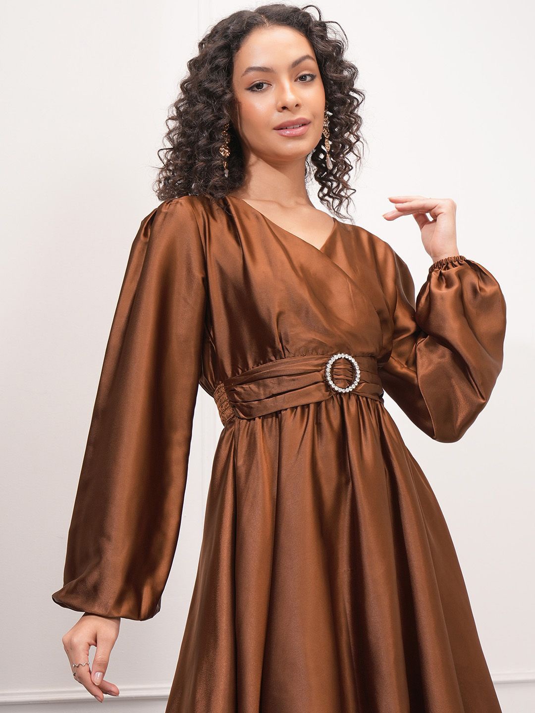 

ESPYR By Tokyo Talkies Women's Satin Puff Sleeve Knee Length Dress, Brown