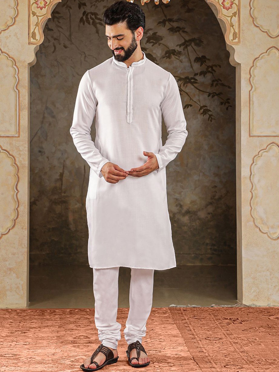 

HOUSE OF DEYANN Woven Design Straight Regular Kurta with Churidar, White