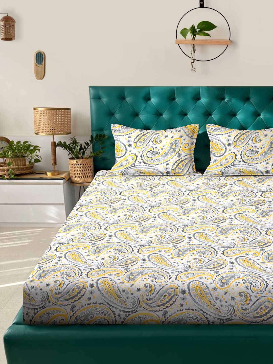 

ROSARA HOME Yellow & Grey Ethnic Motifs 200 TC King Bedsheet with 2 Pillow Covers