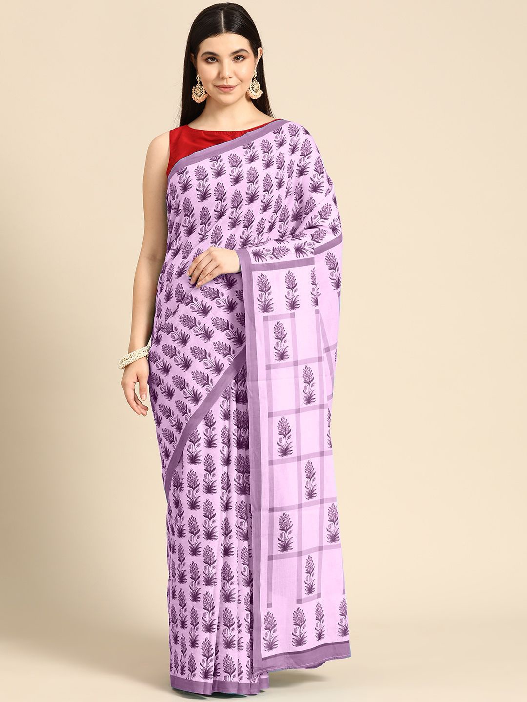 

BUTA BUTI Ethnic Motifs Printed Pure Cotton Saree, Lavender